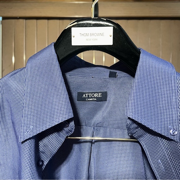 Attore Camicia Checkered Mens Long Sleeve Button Up Shirt Blue/White 100% Cotton - Picture 3 of 3